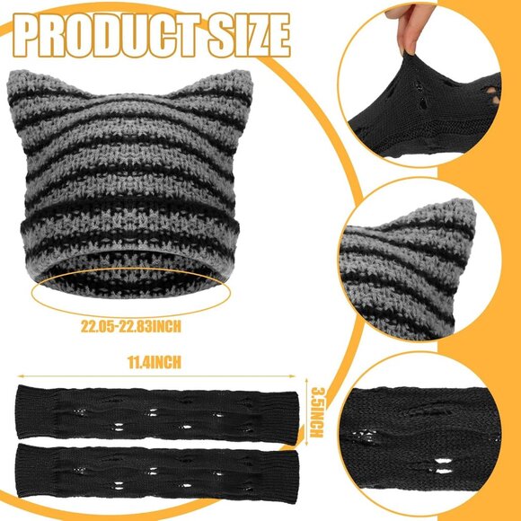 Y2K Grunge Knit Cat Beanie Ripped Gloves Jewelry Set for Women Men Black - Picture 2 of 6